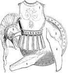 An array of miscellaneous ancient armors. The image depicts (1) a cuirass, often referred to as a coat of mail, (2) a helmet, (3) the shield, and (4), the greaves.