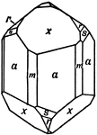 This crystal is mainly terminated by a rhombohedron of the third order, (x). With this form are associated the prisms of the first and the second order, (m) and (a); another rhombohedron of the third order, (s), and the two rhombohedrons of the first order, (r).