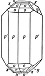 This form shows the fundamental prism (p) on a crystal of topaz, in combination with another prism, (p'); the basal pinacoid, (c); the brachydome, (g); and the four pyramids, (o), (o'), (o''), and (x).