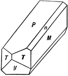 In cases where the basal pinacoid is fixed by some physical property like cleavage, the elongation is in the direction of the clinodiagonal axis. This crystal of Feldspar shown is a common example of this elongation.
