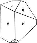 This figure shows hemimorphism in the direction of the axis of symmetry on a crystal of Pentacid Alcohol (C_6_H_12_O_5_). The forms on this crystal are (c), (p), (r), and (q).