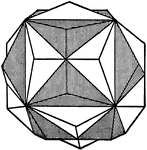 A penetration twin of two pentagonal dodecahedrons (known as the iron cross), whose twinning plane is the rhombic dodecahedron, is shown in this figure (Pyrite).