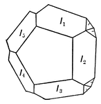 Orthorhombic Iron Disulphide (Marcasite) sometimes shows cyclic groups of five individuals, bounded by ∞ P, {110} (M); P∞&#774;, {011} (l); and 0P, {001}, and united into a pentagonal figure by (M) as twinning plane.