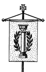 The gonfalon, gonfalone (from the early Italian confalone) is a type of heraldic flag or banner, often pointed, swallow-tailed, or with several streamers, and suspended from a crossbar in an identical manner to the ancient Roman vexillum.