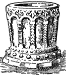 This illustration shows the baptismal font at Claverly in England.