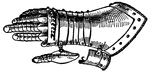 The Gauntlet is a piece of protective armor for the hand, dating back to the 12th century. The first gauntlets were leather covered gloves with an unarticulated metal back. They evolved from the chain mail bag, which , in the 12th century, terminated at the sleeves of the hauberk. The gauntlet of the 14th century had separate, but unjointed fingers. This gauntlet was superseded by the 'mitten'.