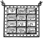 This illustration shows the gems worn on the breast plate of the high priest of the Hebrews. Each of these gems is mentioned in the Bible.
1) Cornelian (Reuben)
2) Topaz (Simeon)
3) Emerald (Levi)
4) Ruby (Judah)
5) Sapphire (Issachar)
6) Diamond (Zebulon)
7) Hyacinth (Dan)
8) Agate (Naphtali)
9) Amethyst (Gad)
10) Chrysolite (Asher)
11) Sardonyx (Joseph)
12) Jasper (Benjamin)