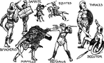 This illustration shows various types of gladiators, each type with with his specific weapons attributed to him.
Gladiators were swordsmen whose profession was to fight for the public amusement. Gladiators are said to have been borrowed by Rome from the Etruscans. They were first exhibited in Rome in 246 BC, primarily at funerals, but afterwards at festivals, particularly those celebrated by the aediles and other magistrates. More than ten thousand were shown at Trajan's triumph over the Dacians. They were either free-born citizens, usually of a low class, who fought for hire, or captives, slaves, or malefactors, and were kept in schools, where they were carefully trained. Chief varieties were Andabatae, who wore helmets with no openings for the eyes, so that their blindfold movements provoked the spectators' mirth; Mirmillones, who used Gallic weapons, sword and shield; Retiarii, who carried a net and a three-pronged lance -- the net to entangle their opponents; and Thraces, who, like the Thracians, used a short sword and a round buckler. 
When a gladiator was severely wounded and defeated, the people cried out 'Habet' (He has it), and he lowered his arms; then, if the spectators wished his life to be spared, they turned their thumbs down; but it they desired his death, they turned them up. These combats were often attended by great cruelty and callousness on the part of the spectators; sometimes they were fights à outrance, none being spared alive. Discharged gladiators were presented with a rudis, or wooden sword, and hence were called rudiarii. Gladiatorial combats were disliked by the Greeks, and practically never took place in Greek cities.