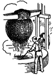 This illustration shows the old method of boiling glue in a rope bag, then squeezed dry against a beam.