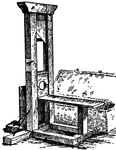 (1.) The guillotine is an instrument employed for the purpose of decapitation. It was officially introduced into France as the means of inflicting capital punishment in April, 1792. It was named after its reputed inventor, Dr. Joseph Ingace-Guillotin, who, contrary to popular belief, died a natural death, and not a victim of his own invention. The instrument consists of two upright posts held together at the top by a cross beam, the former being perpendicularly so grooved as to allow of the falling in a direct line a broad steel blade, whose edge is cut obliquely. The latter, sometimes weighted with lead, descends upon the neck of the criminal immediately after the cord which holds it up is released by the executioner.
(2.) A guillotine is a machine, similar in name and in general construction to the above, employed by bookbinders. It is used for cutting paper and trimming the edges of books after the sheets have been sewn together.