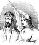 Horns used as headdresses by (left) an Abyssinian chief and a (right) married woman of the Druses of mount Lebanon. The woman's headdress is called a tantour.