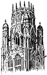 In Gothic architecture, a lantern tower is frequently placed over the center of cross churches, and the light admitted by windows in the sides. This illustration shows the lantern tower at St. Ouen in Rouen, France