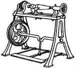 A contrivance for shaping, or 'turning', wood, metal, or ivory into forms of a circular or oval section. The simplest form of lathe, and one which is still generally used in India, consists of two rigid centers, between which the object is revolved by means of a piece of cord wound round it, and pulled alternately backwards and forwards. The 'dead-center' lathe, which was commonly used early in the 1800's, was but a modification of this primitive form, preserving its chief drawback of an alternating motion.