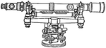 This illustration shows a Surveyor's, or Y-level. In use, the telescope is set perfectly horizontal and pointed back at a rod placed vertically at the starting point. The rod is graduated and after a reading has been taken of the height above the ground cut by the cross wires of the telescope, it is moved to a point forward of the instrument, which is then revolved in a horizontal plane and a reading taken of the rod in its new position. The difference in level is obtained from the difference in readings of the two points, and subsequent readings are taken by removing the level, sighting on the rod in its second position, and then repeating the operation, the readings in this case being recorded.