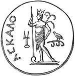 Semiramis, the Assyrian Venus, standing on a ship; inscription: <i>Askalo</i>.