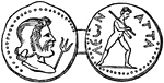 A medal of Attalia. One side pictures Neptune with his trident, suggesting that Attalia was a seaport. The other side depicts an unknown figure, possibly Pluto.