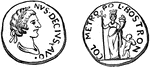 A medal of Bostra, with the head of Trajanus Decius on one side and a female figure with her head wrapped in turrets on the other.