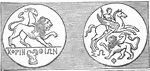 The medal of Corinth. On one side the Chimera with the inscription <i>Korinthion</i> is engraved. On the other side Bellerophon is depicted riding Pegasus into battle agaomst the Chimera.