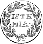 This medal commemorates the Isthmian Games, celebrated on the Isthmus of Corinth in honor of Neptune.  They were celebrated every five years and the reward for the victor was a garland of parsley; originally a branch of pine.