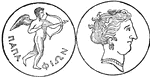 A coin of Paphos, now Baffo, in the island of Cypress.  It shows that Venus was the deity worshiped there when she was referred to as the Paphian Goddess.
