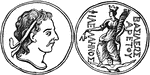 A medal of Damascus, showing the turreted goddess holding out her right hand, a cornucopia in her left, and a river at her feet. The other side of the medal depicts her face close-up.