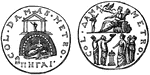 A medal showing five cities, represented by female figures, offering fruit to a goddess sitting on a rock.