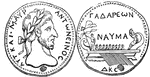 A medal engraved with the head of Marcus Aurelius Antoninus, with his name in the inscription.  On the other side is the image of a galley with many oars. The prow has a standard with flags flying and a captain standing at the helm, directing the vessel.