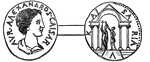 A medal of Gaza, representing the turreted head of a goddess, Astarte; on the other side of the medal a peculiar symbol of the city is engraved.