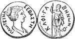 A medal engraved with the portrait of Empress Plautina, her name inscribed on one side. The other side depicts Gabenon of Gaba; either <i>Gabe</i> in Syria, or <i>Geba</i> in Judea.