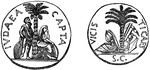 A medal depicting the daughter of Zion, by which Hebrew poets and prophets personified their country, sitting under a palm tree with a mournful attitude. She is accompanied by a prisoner with his hands tied behind him.