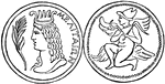 A medal engraved with the portrait of Melita; the reverse side depicting a figure with two sets of wings holding a crook and a sickle in his hands. Traditionally a symbol for the production of grain, the image may also allude to the god of fertility.