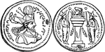 A medal of Parthia, with a portrait of one of its kings.  On the reverse are instruments of worship, with guards standing on either side of the altar.