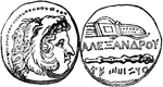A medal with the portrait of Alexander the Great on one side; the other side shows the inscription <i>ALEXANDROU</i> with the first two Phenician letters of a city, AK or OK, and a date, 26, 16, or 17 years after his death.