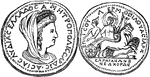 One side of the medal is engraved with the portrait of Proserpine, who was worshiped in Sardis.  The reverse shows her being carried by Pluto, whose horses are being directed by a cupid. Under their feet lies an overturned urn; a serpent is also present in the tableau.