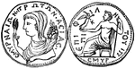 A medal of Smyrna depicting Ceres,  the goddess of plenty.  The reverse side of the medal shows Jupiter seated, holding the emblem of Victory.