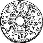 A medal containing two circles of heads, each having seven, male and female alike. The heads of the inner circle are divided by spokes.  The upper head has on either side of it a Victory offering a crown and palm branch.