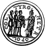 A medal of Tyre, depicting the Tyrians presenting a plan of their city to Dido, the Queen of Carthage.  It is, however, unlikely that Dido would wear the sacred measure on her head, as it was restricted by divinity.  It is probable that the figure is Astarte, to whom the Tyrians were devoted to.