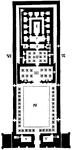 Ground plan of Edfou. I. Sanctuary; II. Hall of Columns; III. Great Hall of Columns; IV. Great Court; V. Pylons; VI. Outer Wall.