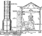 Cross-section of a steam engine plant with Alberger barometric condenser and cooling tower.