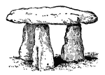 Lanyon Quoit is a dolmen near Penzance. A dolmen, also known as a cromlech, portal tomb, portal grave or quoit, is a type of single-chamber megalithic tomb, usually consisting of two or more megaliths supporting a large flat horizontal capstone ("table"), although there are also more complex variants. Most date from the early Neolithic (4000-3000 BCE). Dolmens were typically covered with earth or smaller stones to form a tumulus. In many instances, that covering has weathered away, leaving only the stone "skeleton" of the burial mound intact.