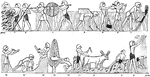 An example of Egyptian agriculture.  1, the reapers; 2, reaper drinking from cup; 3, 4, Gleaners - the first of which ask the reapers for a drink; 5, carrying the ears in a rope basket - showing the ears have been cut off; 8, winnowing; 9-11, the tritura, answering to our thrashing; 12, drinking from a water-skin suspended from a tree; 14, scribe who notes the number of bushels in heap; 16, checking the account by noting those taken away to the granary.