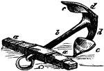 An anchor which is an instrument used for retaining a ship in a particular spot.  a, a, stock; b, shank; c, c, flukes; d, d, arms.