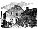 Illustration of Wesley Chapel on John Street in New York. It was dedicated on October 30, 1768. The chapel was named after John Wesley. It was torn down and replaced in 1818. It is a simple building with an arched main doorway and a small staircase leading to another set of double doors to the right. Several men and women are gathered in front of the building. There is a second building adjoining.