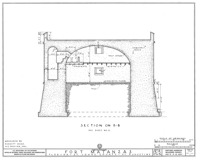 1934 Survey of Fort Matanzas, Cross Section on B-B Elevation, No. 15-5, US Department of  the Interior, Office of National Parks,  Sheet 12 of 12.