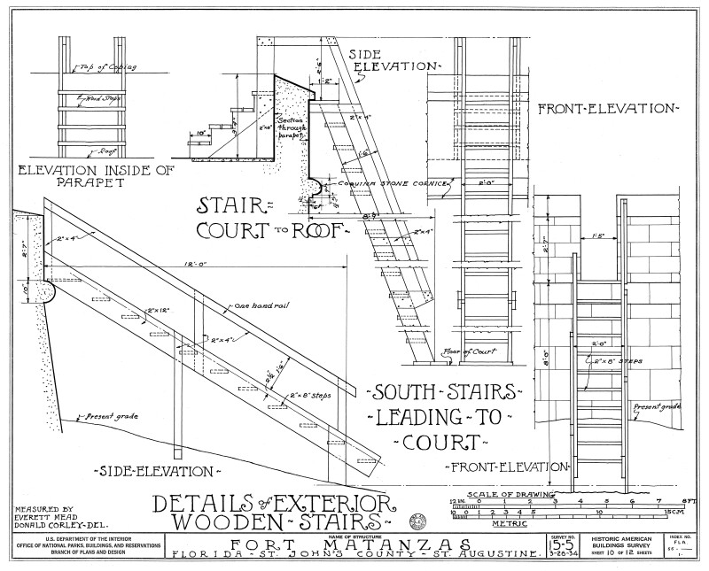 1934 Survey of Fort Matanzas, Details of Exterior Wooden Stairs, No. 15-5, US Department of  the Interior, Office of National Parks,  Sheet 10 of 12.
