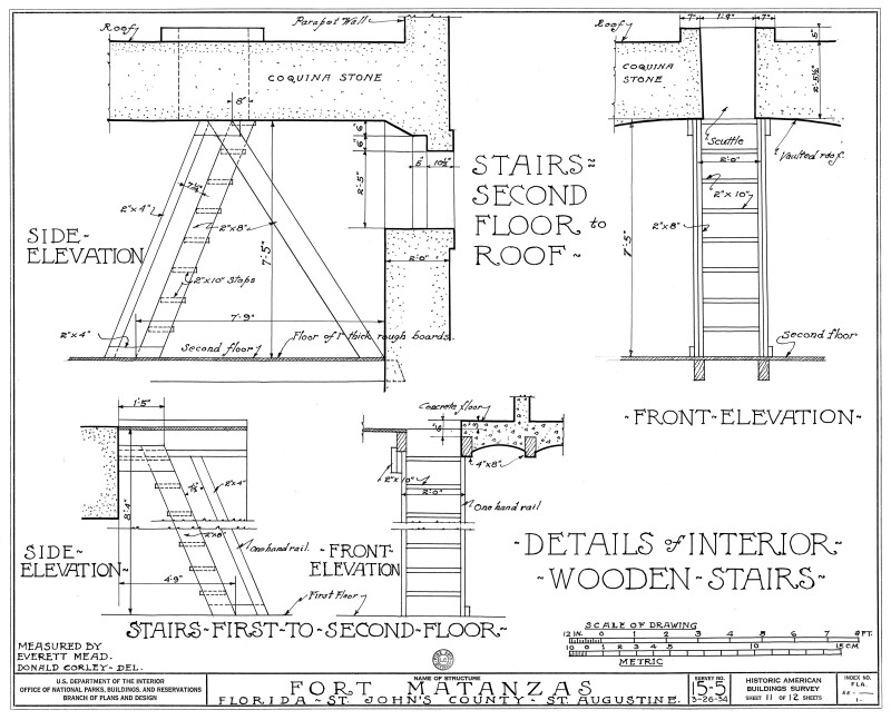 1934 Survey of Fort Matanzas, Details of Interior Wooden Stairs, No. 15-5, US Department of  the Interior, Office of National Parks,  Sheet 11 of 12.