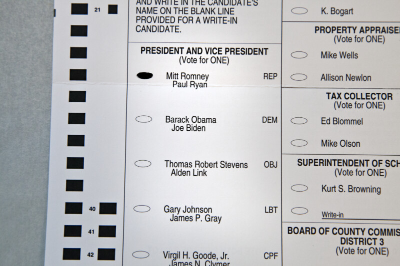 2012 Presidential Election Ballot for Romney and Ryan