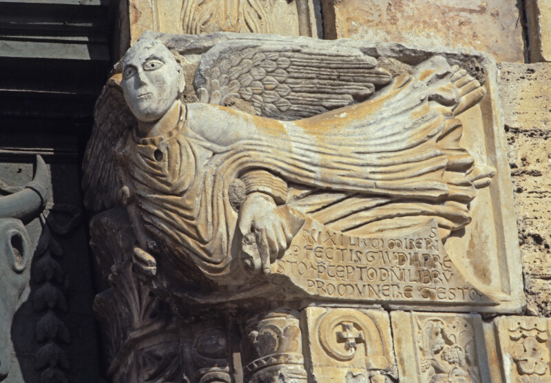 Bevagna, San Michele, west portal, right impost, Archangel Gabriel