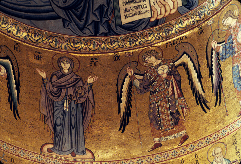 Cefalù cathedral, mosaics, apse wall, Mary and archangel Gabriel