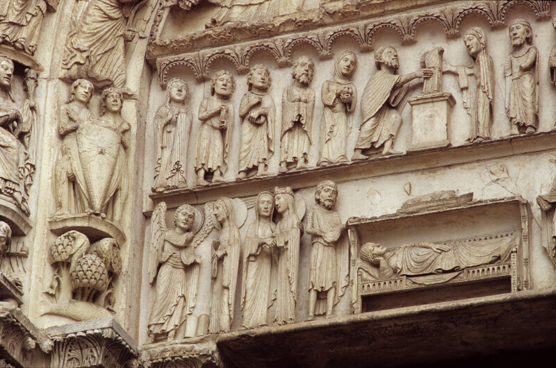 Chartres Cathedral, Incarnation Portal, Lintels, Left Side, Annunciation, Visitation, Nativity, and Presentation in the Temple